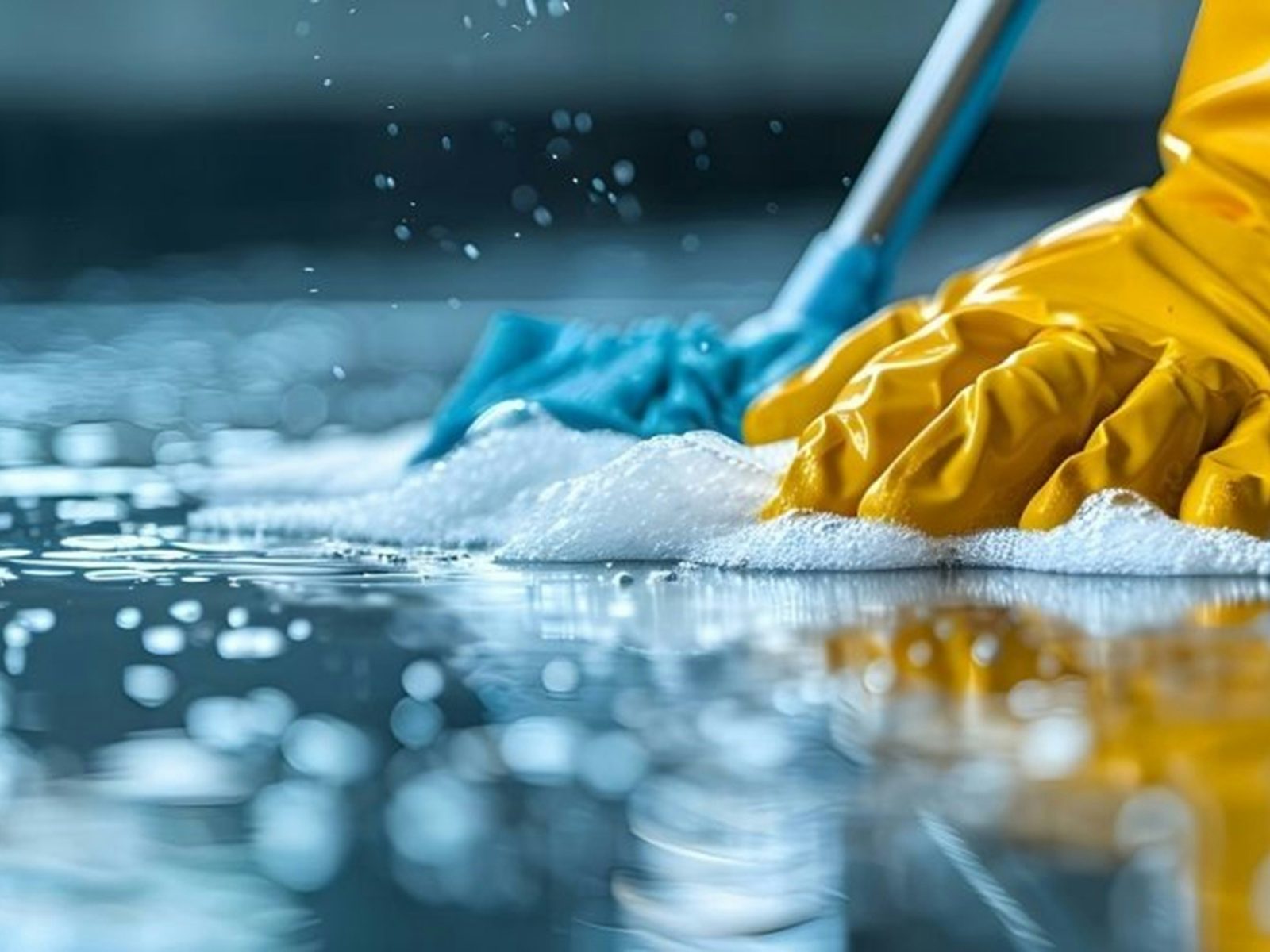 Lavage du sol à la frange humide avant l’ouverture du commerce
